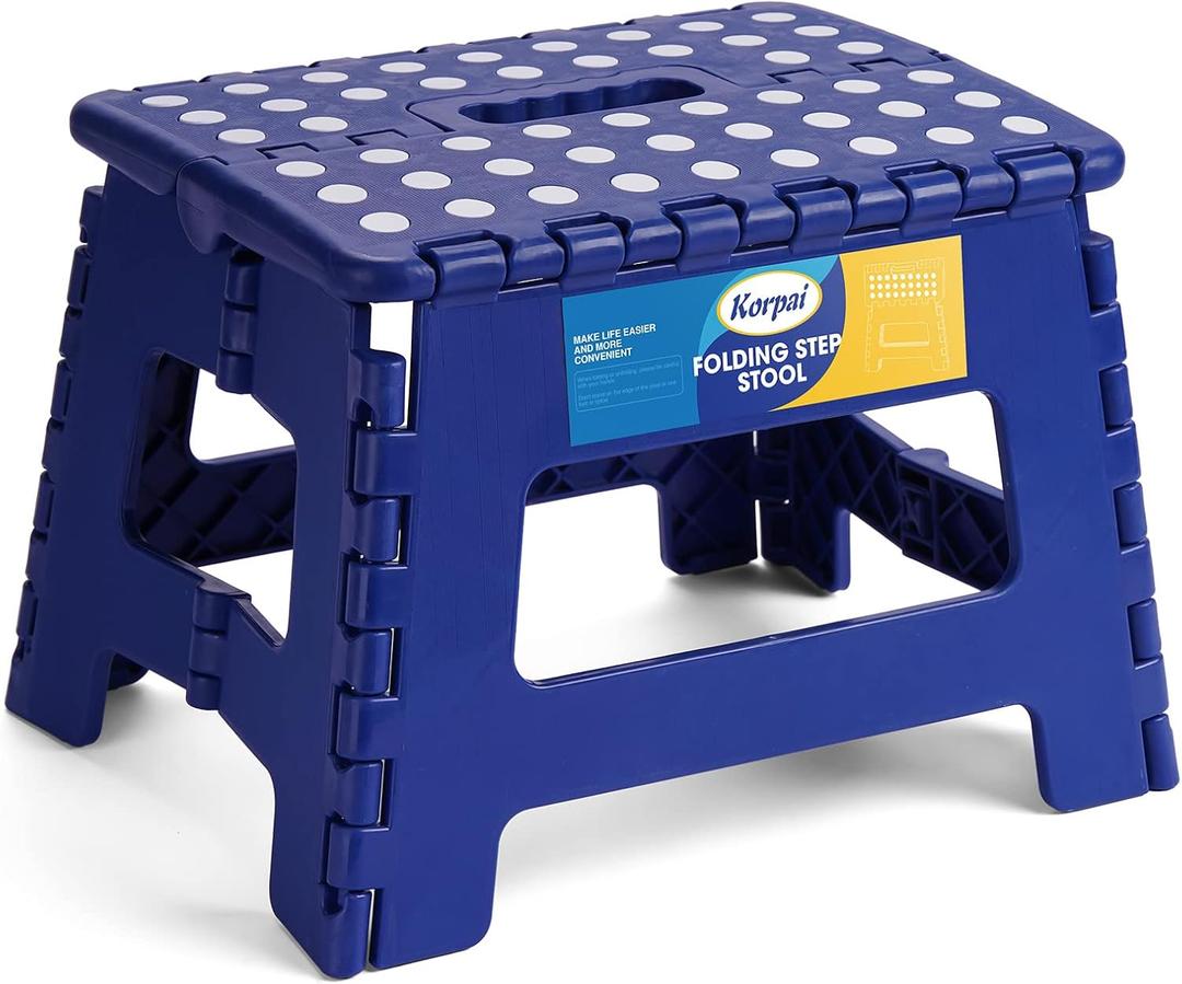 Korpai 9" Folding Step Stool for Adults and Kids Holds Up to 300 lbs,Non-Slip Folding Stools with Portable Handle, Compact Plastic Foldable Step Stool for Bathroom,Bedroom, Kitchen,Royal Blue,1PC