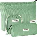 3Pcs Corduroy Cosmetic Bag, Cosmetic Bags for Women, Mini Makeup Bags with Zipper, Corduroy Fashion Portable Makeup Pouch for Travel Toiletry Girls Gift,Green