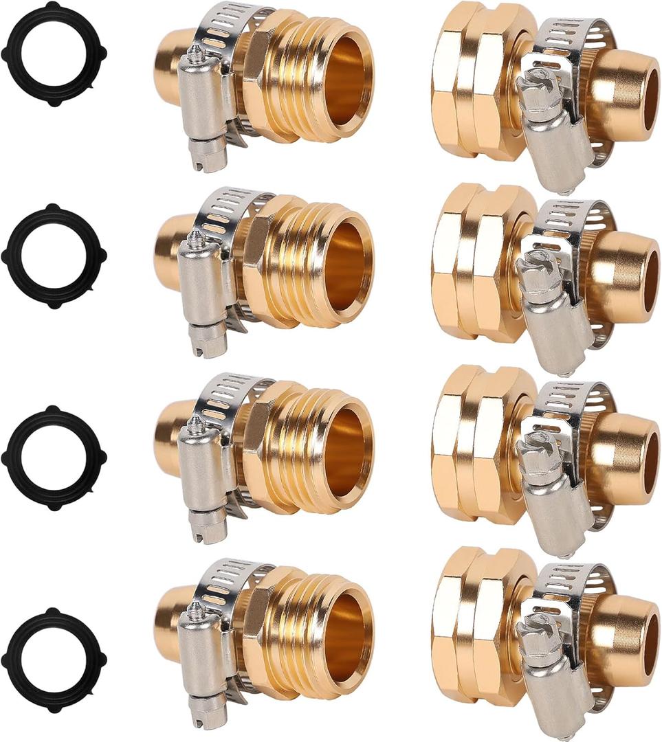 Triumpeek 4 Sets Garden Hose Repair Connector with Clamps, Aluminum Water Hose End Replacement Fit for 3/4" and 5/8" Garden Hose Fittings