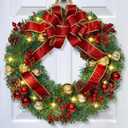 Christmas Wreaths for Front Door with Bow, 16" Christmas Door Wreath with Balls Berries & Pine Cones, Christmas Wreath for Door Home Wall Outdoor Decor