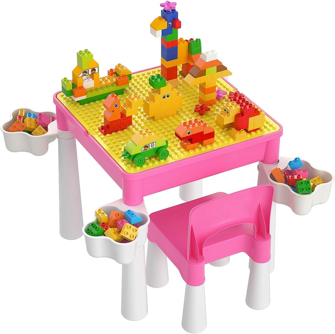 burgkidz Kids 5-in-1 Multi Activity Table Set - Building Block Table with Storage - Play Table Includes 1 Chair and 130 Pieces Compatible Large Bricks Building Blocks for Ages 2 and Up (Pink)