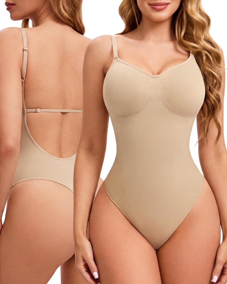 Backless Shapewear for Women with Tummy Control, Low Back Thong Shapewear, Seamless Sculpting Bodysuit for Daily Wear and Workouts, S/M