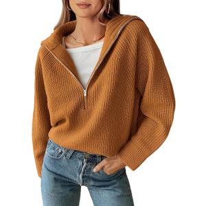BTFBM Womens Sweaters Quarter Zip Pullover V Neck Collar Long Sleeve Ribbed Knit Loose Casual 2026 Winter Fall Sweater (Orange, S)