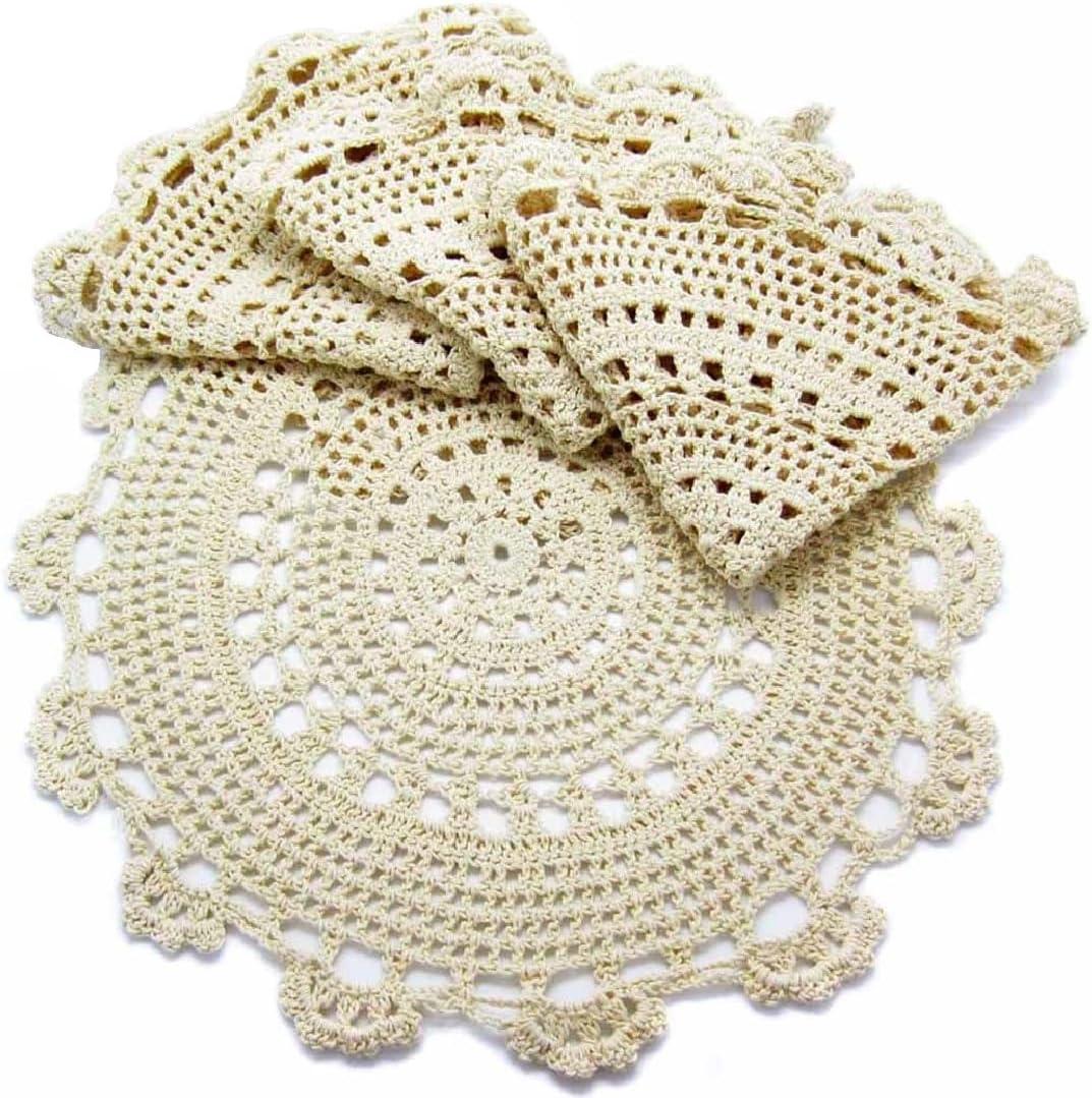 kilofly Handmade Crochet Round Cotton Lace Table Placemats Doilies Value Pack [Set of 4], Medallion, 13 x 13 inch, Beige