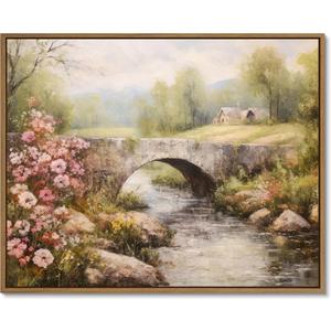 Gardenia Art Framed Country Landscape Wall Art Prints Mountain Bridge River with Blooming Flowers Wall Pictures Spring Scene Canvas Painting Nature View Artwork for Farmhouse Bedroom Home Office Decor (16"L x 12"W)