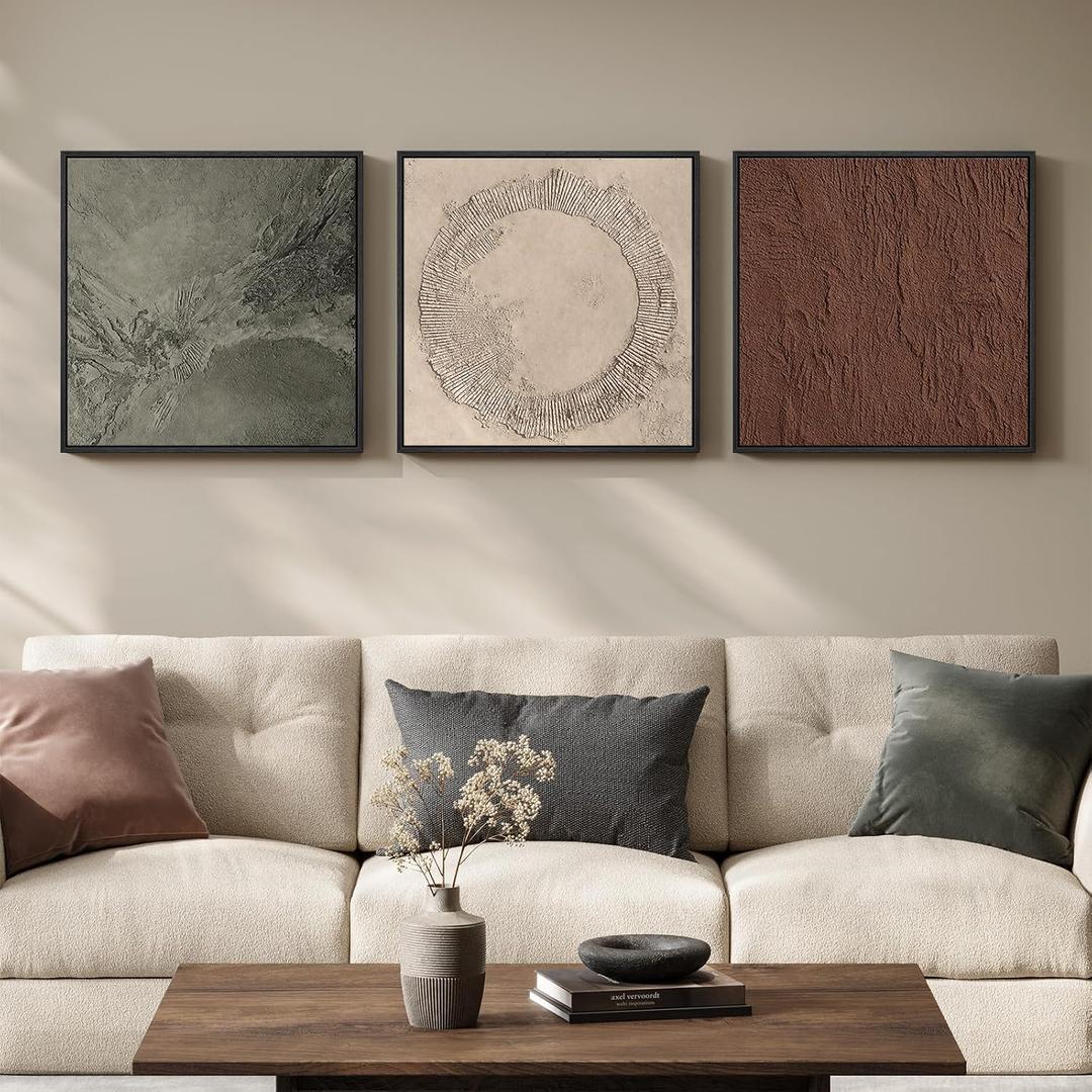 Large Framed Neutral Abstract Wall Art for Living Room, 3 Piece Modern Minimalist Canvas Prints Artwork for Walls, Contemporary Earth Tone Pictures for Bedroom Dining Room Wall Decor, 24x24 Inch