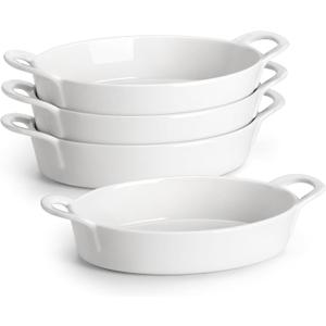 MALACASA Small Casserole Baking Dishes for Oven, Ceramic Oval Baking Dish Sets of 4, 8" x 5" Inch Au Gratin Baking Pans with Handles for Roasting, Lasagna, Pie, Baking Meat & Vegetables, White
