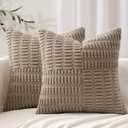 MIULEE Set of 2 Light Brown Decorative Pillow Covers 18x18 Inch Textured Striped Patchwork Accents Farmhouse Boho Soft Corduroy Couch Pillows for Sofa Living Room Bed Home Decor