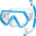 2 Sets Kids Snorkeling Gear for Ages 3-14, Anti-Fog 180 Clear View Dry Top Snorkel Set, Swimming Mask with Nose Cover & Tempered Glass Goggles for Youth Boys Girls Junior (Small-Medium, Blue)