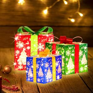 GLOWNOVA [Large 8.5"x7"x6" Christmas Set of 3 Lighted Gift Boxes Decorations Pre-lit 70 Super-Bright LED with Flashers, for Indoor Outdoor Christmas Tree Skirt Ornament Pathway Holiday Party Home