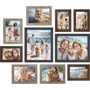 SONGMICS Picture Frames, Collage Picture Frames Set of 10, Two 8x10, Four 5x7, Four 4x6, Photo Frame for Wall Gallery Decor, Table Display, Glass, Maroon Brown, Heather Greige, Ash Black URPF010K03