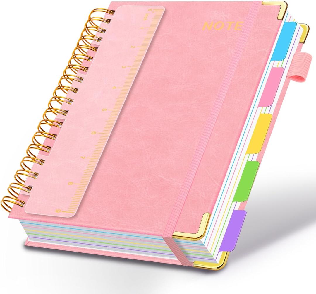 Hardcover Spiral Notebooks for Work 8''x 10'', 300 Pages 5 Subject Notebook with Dividers & Tabs, B5 Spiral Journal for Women, College Ruled Notebooks for School Note-Taking (Pink)