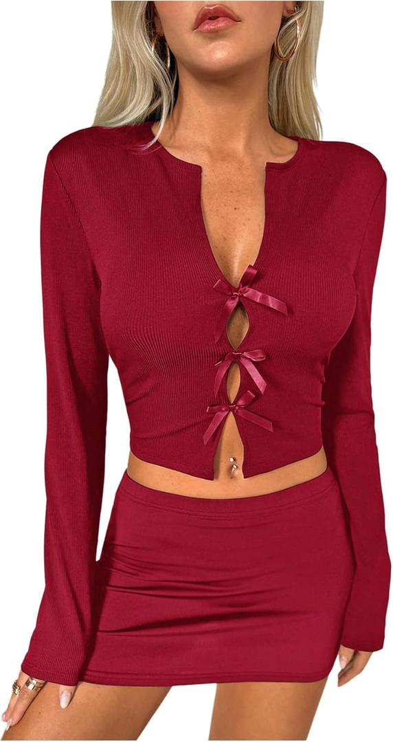 MakeMeChic Women's Bow Decor Rib Knit Top Cut Out Tee Shirt Tie Front Long Sleeve Slim Fitted Crop Tops (Red, M)