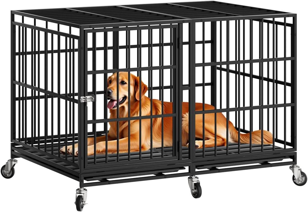 48 Inch Heavy Duty Dog Crate with WheelsIndestructible Escape-Proof Dog Cage for Large Dogs, Extra Large XL XXL Indestructible Dog Crate with Removable Tray. (48-Inch (Black-One Door), Black)