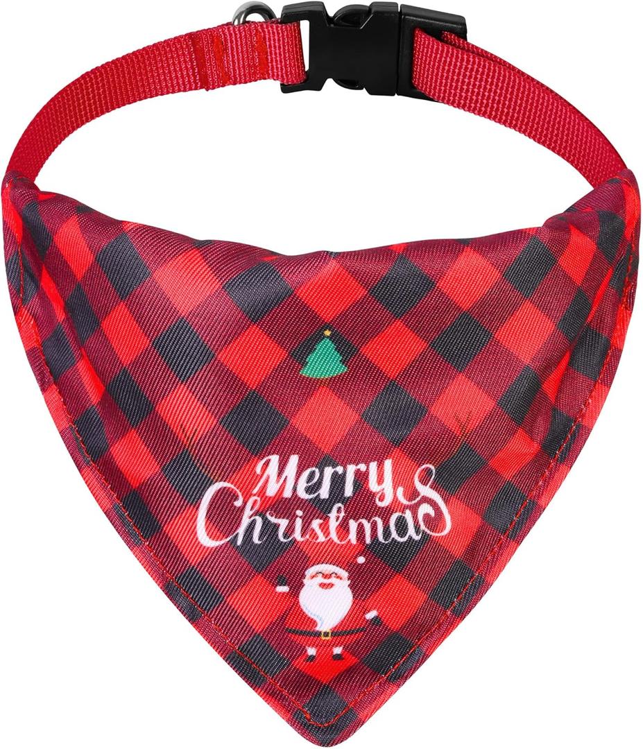 Valentines Day Dog Bandana with Unique Quick-Release Buckle and Retractable Design,Triangle Reversible Bibs Breed for Dogs,Red Plaid Bandana with Christmas Santa(XL)