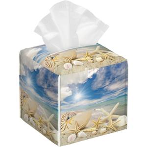 Seashells and Starfish on Beach Tissue Box Cover Leather Tissue Box Holder Square Facial Paper Organizer Dispenser for Bathroom Kitchen Bedroom Vanity Countertop Night Stands