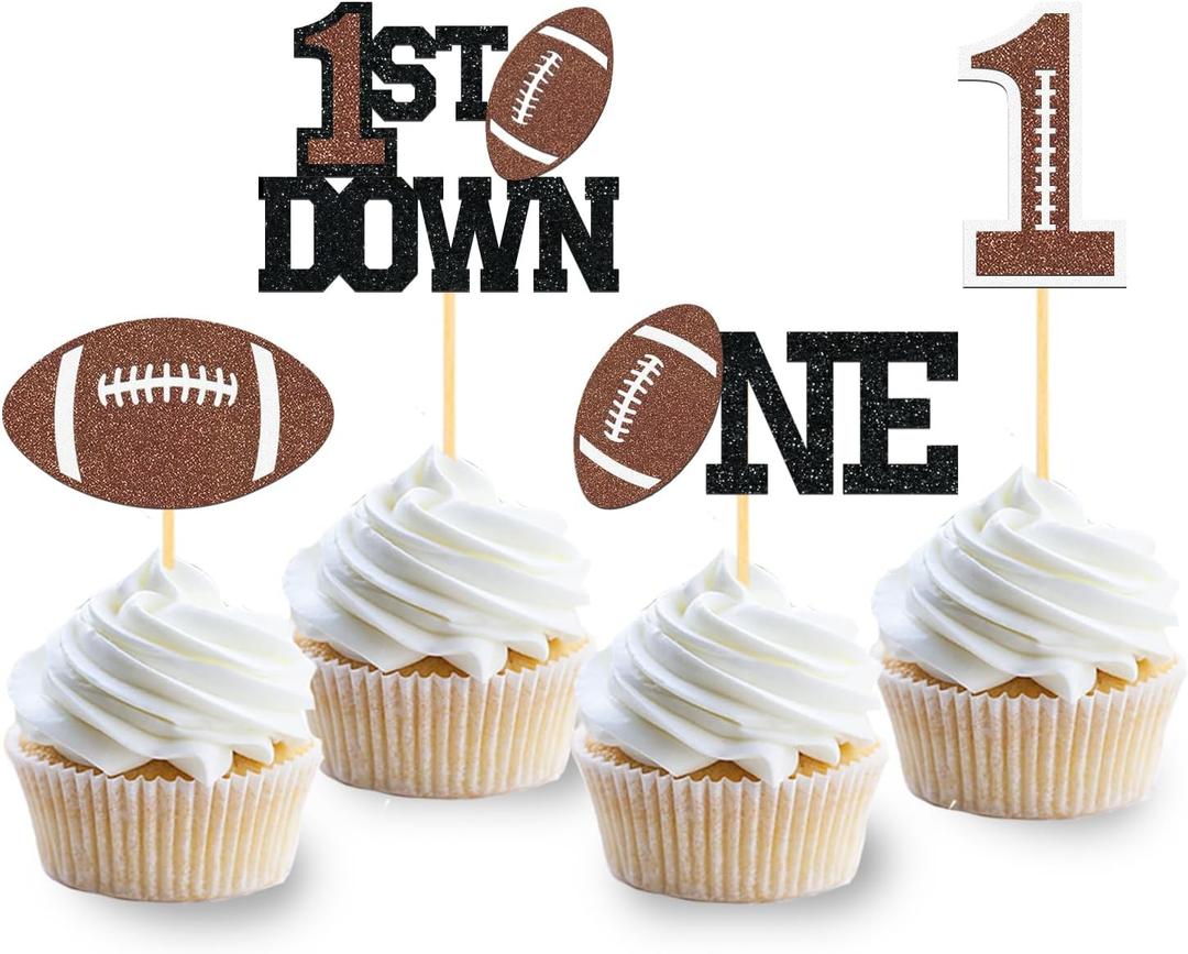 24Pcs Football 1st Birthday Cupcake Toppers, First Birthday Football Cake Decorations, Football Cupcake Toppers for Football Baby Shower Decoration (1st birthday)