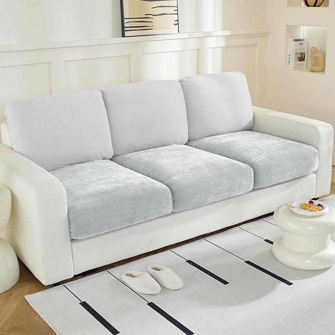 WEYOND Couch Cushion Covers Individual Large Super Stretch Chenille (Softer Version) Sofa Cushion Covers, Couch Seat Covers Couch Slipcovers Furniture Protector (3 Piece, Light Grey)