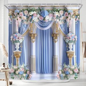 Riyidecor Elegant Rose Floral Bridal Shower Curtain for Bathroom Decor 72Wx72H Blue Women Girls Flowers Vintage Luxury Pearl Eucalyptus Art Printed Fabric Polyester Waterproof 12 Pack Plastic Hooks