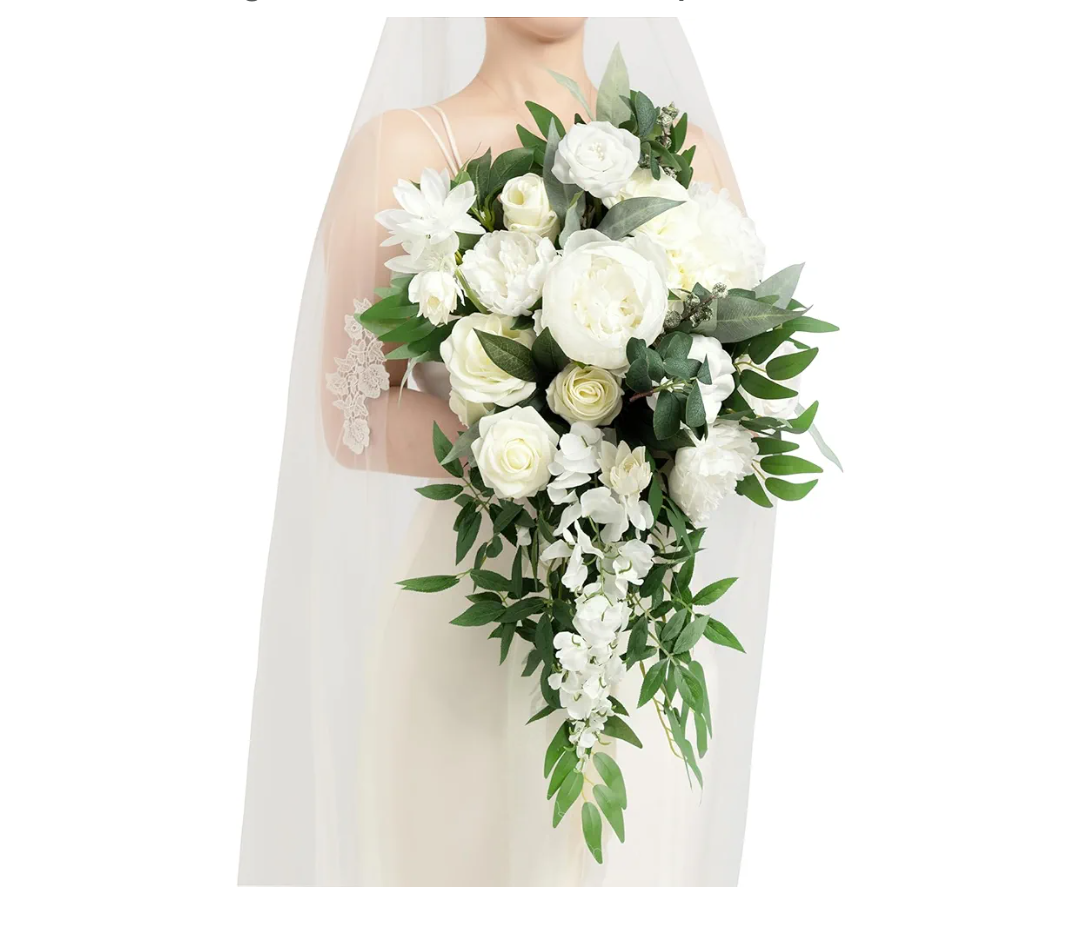 Ling's moment White Bridal Bouquet Cascading, Ivory Wedding Bouquets for Bride, 15 Inch Bride Bouquets for Wedding Artificial Flowers Bouquets
