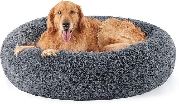 Bedsure Calming Dog Bed for Extra Large Dogs - Donut Washable Large Pet Bed, 45 inches Anti-Slip Round Fluffy Plush Faux Fur Dog Bed, Fits up to 120 lbs Pets, Dark Grey,45"L x 45"W x 10"Th
