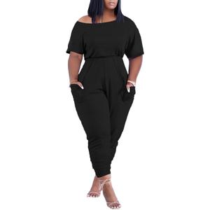 acelyn Casual One Piece Loose Jumpsuit for Women Summer Plus Size Overalls Off Shoulder Pockets Romper (Small, 015-black)