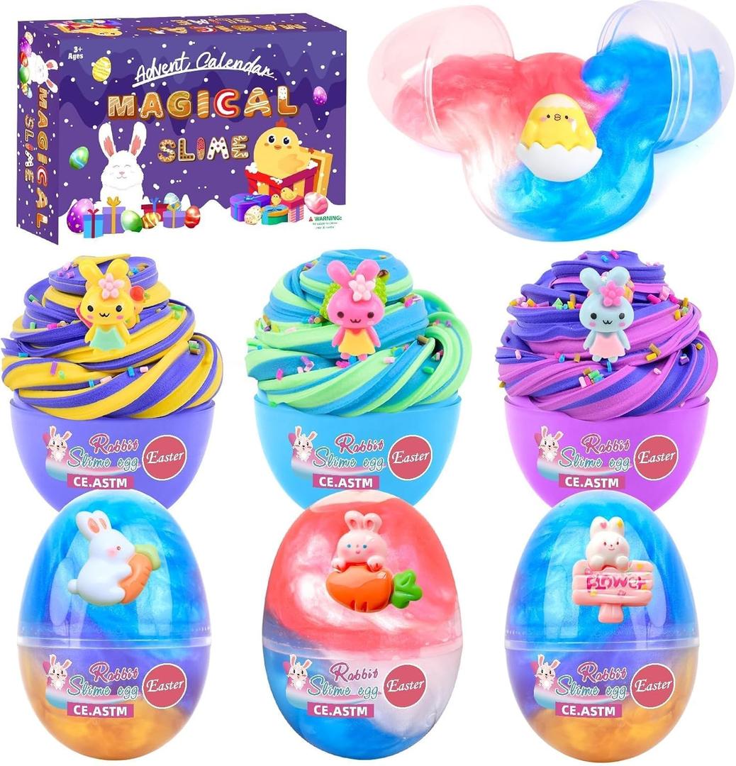7 Pack Egg Slime Kit with 3 Bicolor Butter 4 Galaxy Slime for Boys Girls 8-12, Clear Making Toy for Party Favor, Sticker Bunny Egg Charm 4-6, Soft Non-Stick Birthday Basket Stuffer