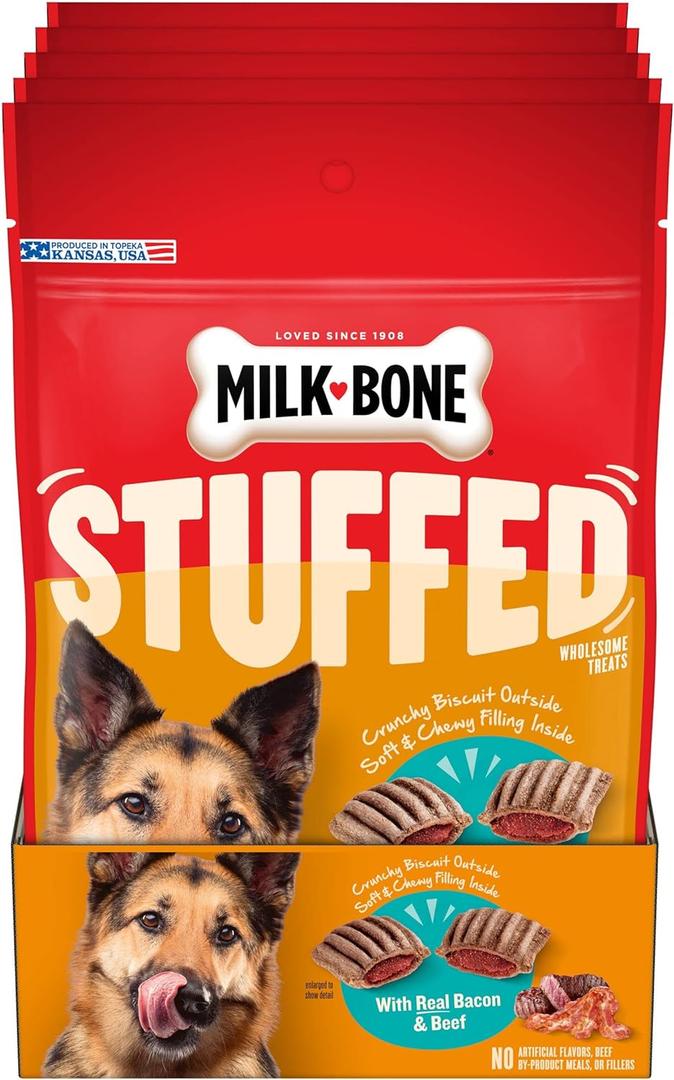 Milk-Bone Stuffed Dog Treats with Real Bacon & Beef, 10 Ounce (Pack of 5), Crunchy Biscuit with Soft & Chewy Filling