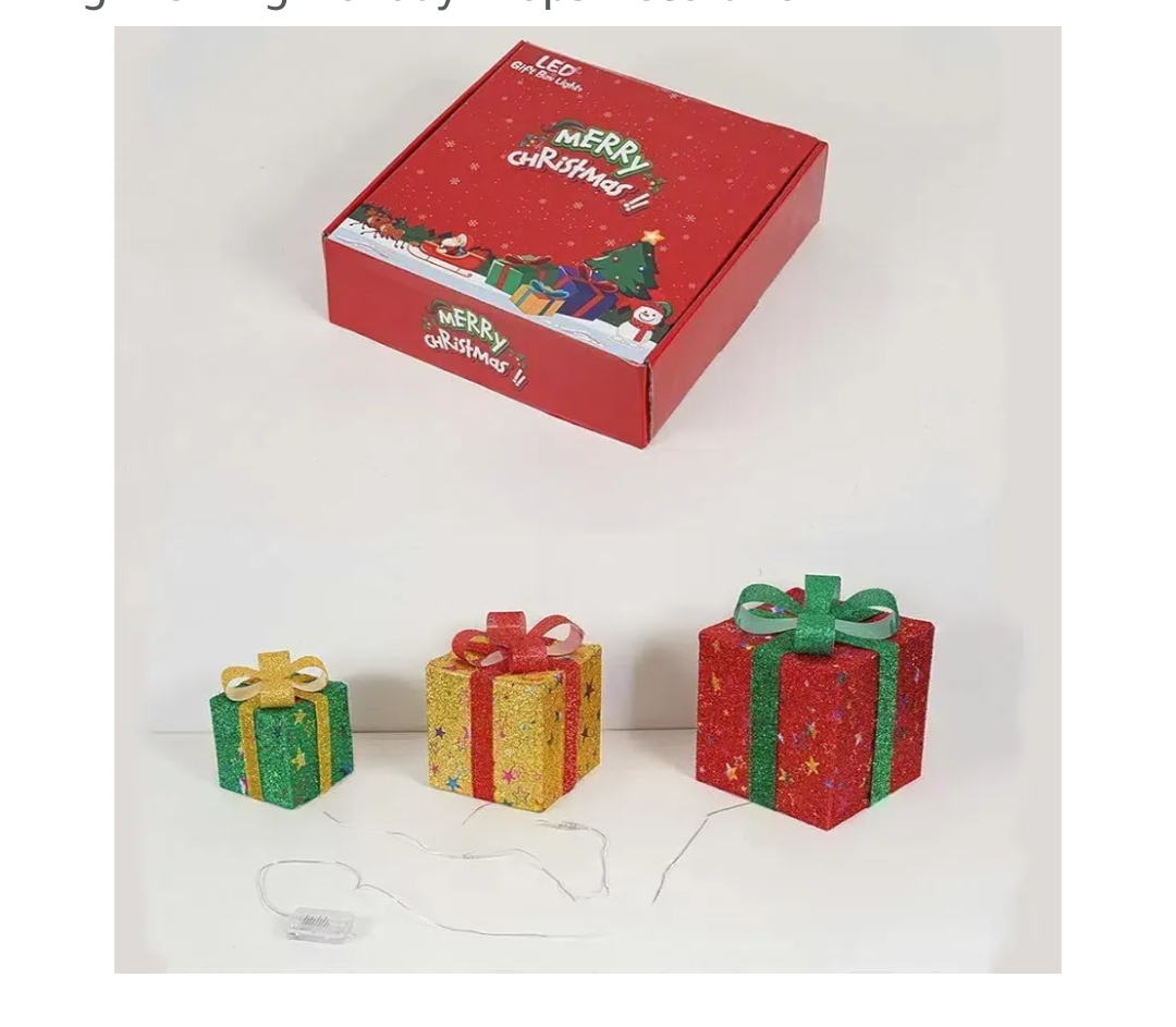Christmas Gift Box Set, 3-Piece Folding Luminous Light String Holiday Props Decoration