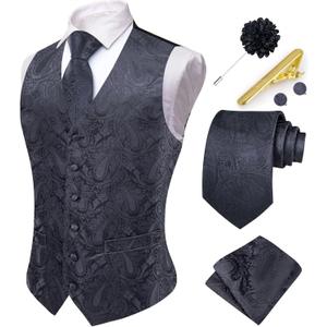Hi-Tie Mens Suit Vest and Tie Set V-Neck Silk Paisley Formal Waistcoat Necktie Pocket Square Set for Wedding (Small, Dark Grey) Hi-Tie Mens Suit Vest and Tie Set V-Neck Silk Paisley Formal Waistcoat Necktie Pocket Square Set for Wedding (Small, Dark Grey)