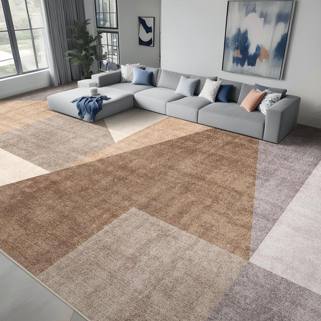 10x14 Washable Area Rug for Living Room - Non-Slip Geometric Rugs Tan Beige