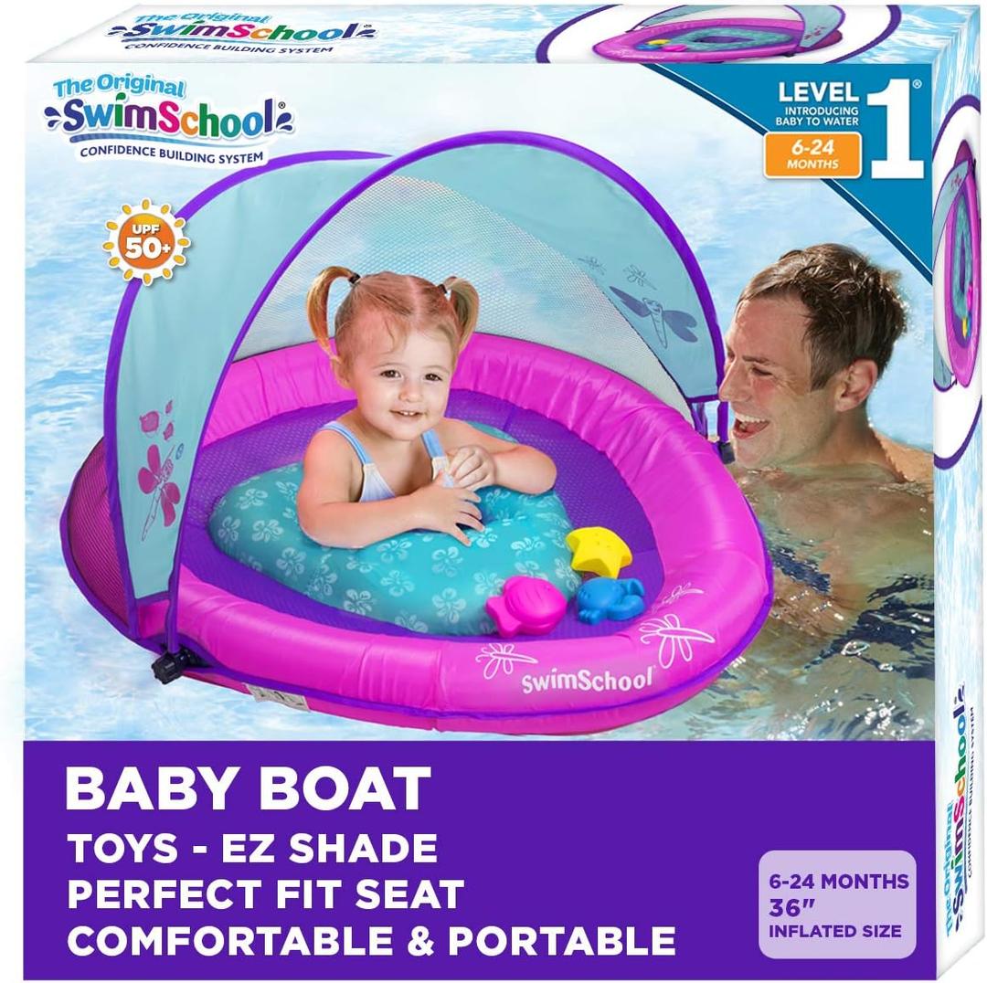 SwimSchool Infant Baby Pool Floats, Free Swimming, Super Buoyant – Ages 6-24 Months – Multiple Colors/Styles – Adjustable Canopies and Seats, Splash & Play Baby Floaties