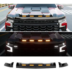 Hood Protector with LED Light Compatible with 2019-2024 Chevy Silverado 1500 ZR2 Hood Deflector Glossy Black Three Section Lightshield Replacement for 2019-2024 Chevy Silverado Accessories