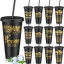SiliFine 12 Set Graduation Prom 2026 Plastic Cups, 24oz Reusable Prom Plastic Tumblers Cup with Lids and Straws Graduation Party Dinnerware Supplies Bulk for Cold Drink (Black Gold)