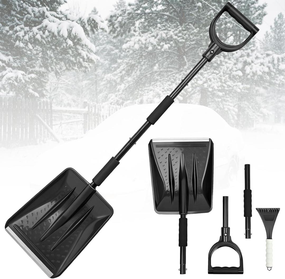 Snow Shovel for Car and Driveway, Upgraded 42.5" Lightweight Aluminum Alloy Foldable Shovel with Ergonomic D-Handle  Portable Emergency Snow Shovel for Garden, Snow Removal & Snowman Making (Black)