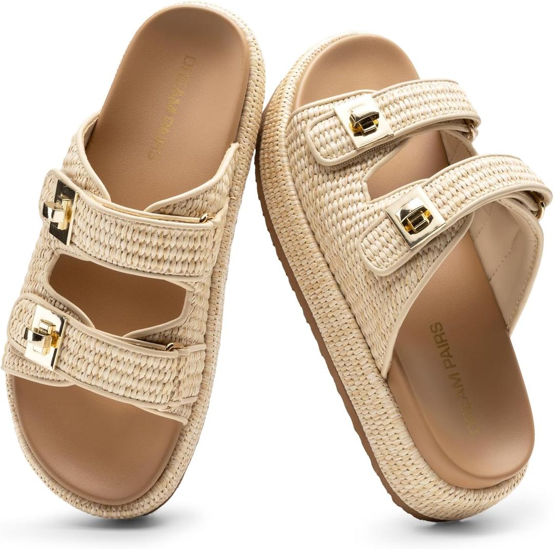 DREAM PAIRS Platform Sandals Women Raffia Espadrilles Summer Comfortable Wedge Sandals Beach Vacation Adjustable Buckle Cute Slide Sandals (10, Natural)