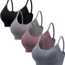 Angelhood Sports Cami Bras Pack for Women - Basic V-Neck Padded Seamless Bras with No Underwire (Large, Black/Gray/Mauve/Airy Blue)