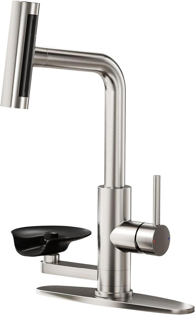 HOWUWEY Brushed Nickel Kitchen Faucet with Pull Down Sprayer & Cup Washer
Glass Rinser Faucet for Kitchen Sink, Single Handle Waterfall 1 or 3 Hole Tap for Bar Sink Farmhouse Camper Laundry Rv