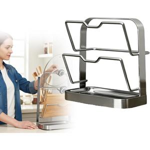 Yonynn Kitchen Pot Lid Organizer Rack, Multifunctional Pot Lid Holder with Drainage Tray, Carbon Steel Pot Lid Storage Rack for Counter & Cabinet (Double Layer)