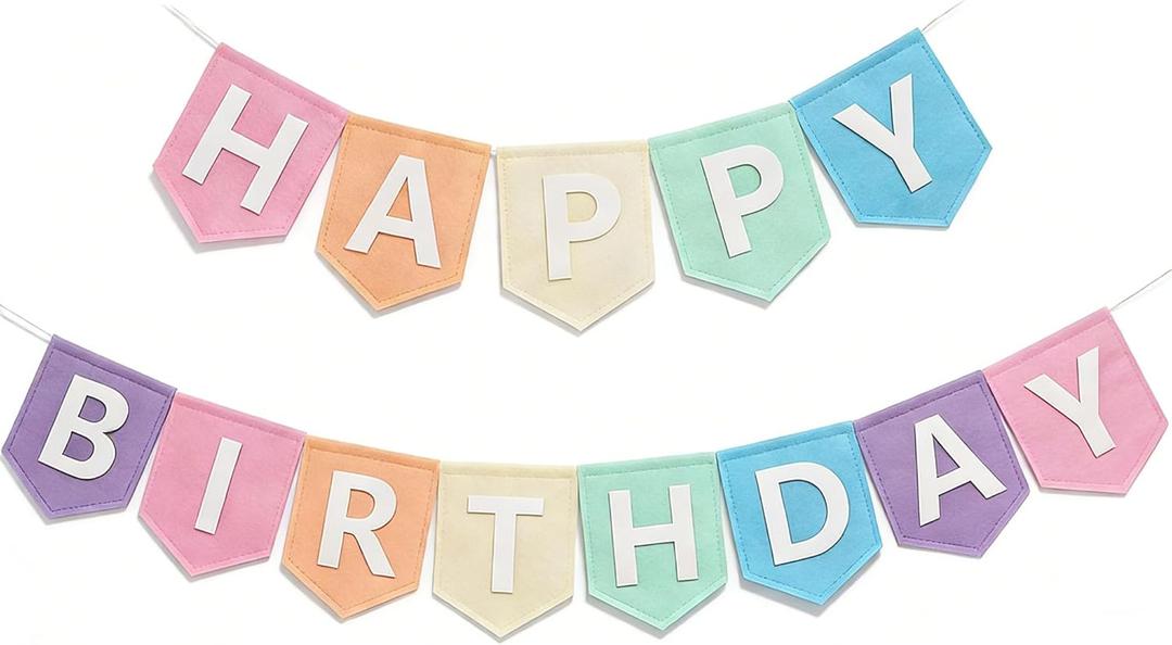 Pastel Felt Happy Birthday Banner Pre-Strung Colorful Fabric Birthday Garland for Unicorn Reusable Girls' Pastel Birthday Party Decorations (Pastel)