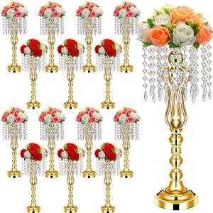 16 Pcs Wedding Centerpieces for Tables, Gold Silver Vase Centerpiece with Chandelier Crystal Metal Flower Stand, Tall Flower Vases for Wedding Party Home Decoration(Gold,21.3)