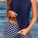 Yonique Tankini Swimsuits with Shorts - Tummy Control Two Piece Blouson Bathing Suits High Neck Swimwear (Blue, L)