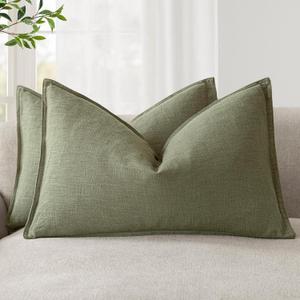 Foindtower Pack of 2, Decorative Linen Soild Throw Pillow Covers Accent Lumbar Cushion Case Boho Farmhouse Pillowcase for Chair Couch Sofa Bedroom Living Room Home Decor 12x20 Inch Olive Branch Green (20" x 12" (Pack of 2))