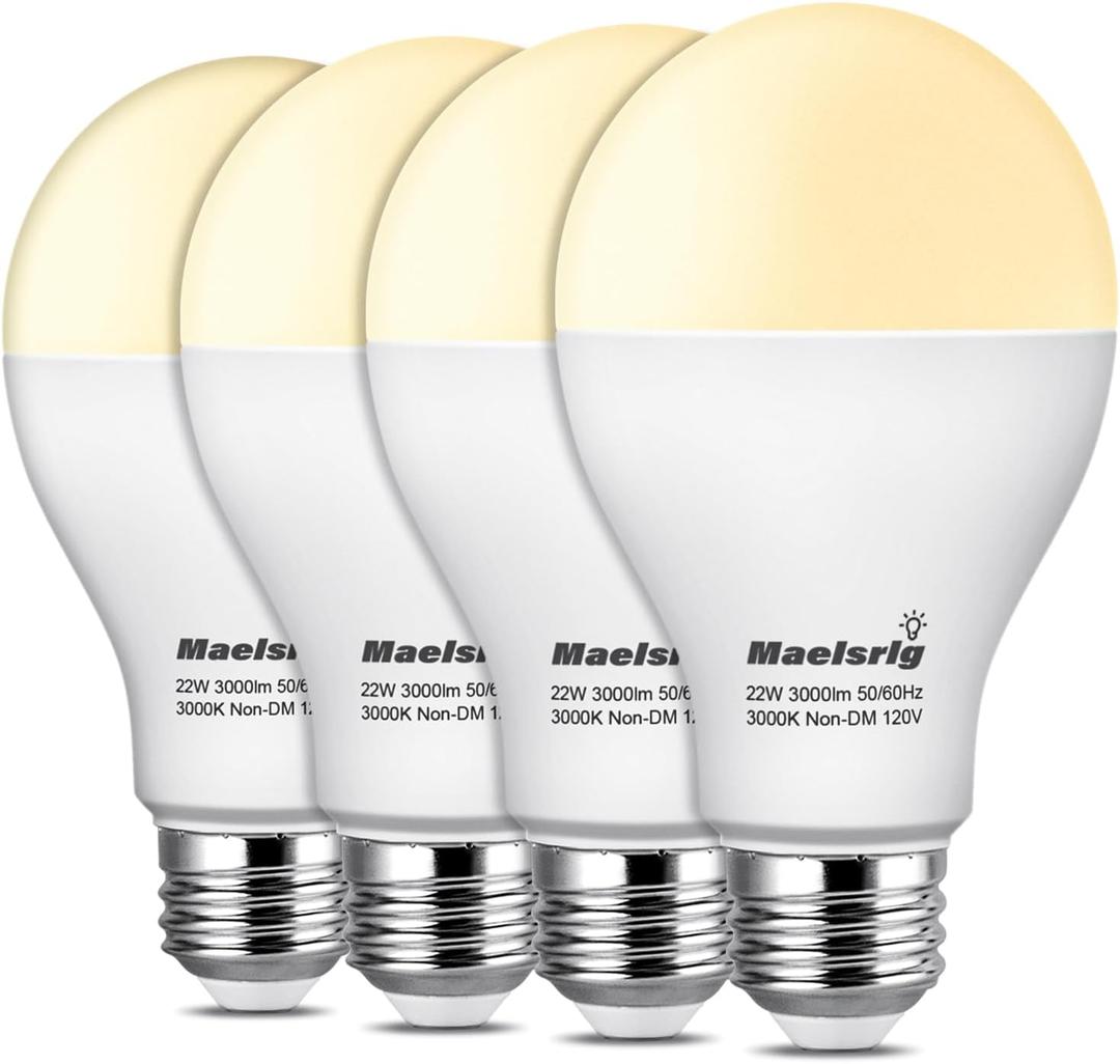 200 Watt Equivalent LED Bulb, A21 22W 3000 Lumen Light Bulb, Warm White 3000K, Non-Dimmable E26 Medium Base 120V-High Output 200 Watt LED Light Bulb for Home, Garage, Basement, 4-Pack