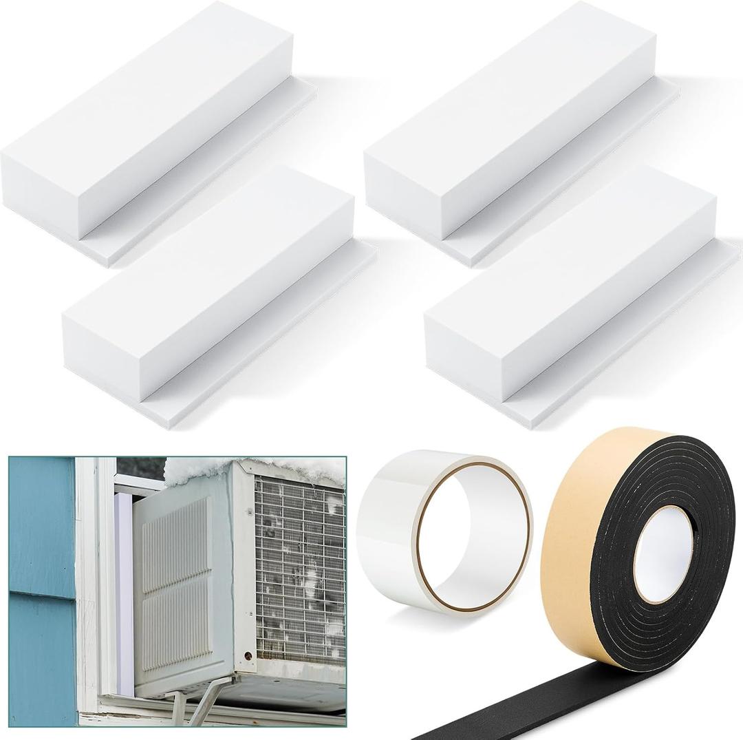 4 Pcs Foam Block Compatible with Midea U Shaped Window Air Conditioner Units, Ac Side Insulation Seal Kit with Seal Strip and Sealing Tape, Prevent Cold Air Leakage for Summer (White)
