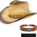 Men's Women's Western Straw Cowboy Hat, Cowgirl Sun Beach Hat with Two Decorative Bands and a Hair Band, Wide Brim Brown