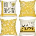Fahrendom Hello Sunshine Decorative Throw Pillow Cover 20 x 20 Set of 4, Spring Summer Yellow Daisy Floral Flower Porch Patio Outdoor Pillowcase, Just Bloom Gather Sofa Couch Cushion Case Home Decor