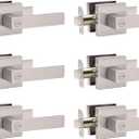 AIKKIL Interior Door Handle Satin Nickel Door Knob Keyless Levers Set (6 Pack), Heavy Duty Privacy Door Handle Lock for Bedroom or Bathroom, Square Door Lock for Left Right Handle Doors