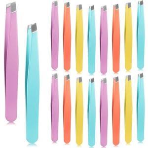 Maitys 16 Pieces Slanted Eyebrow Tweezers Stainless Steel Tip Precision Tweezers Bulk for Women and Men Personal Care Ingrown Hair, Facial Hair and Lash Extension
