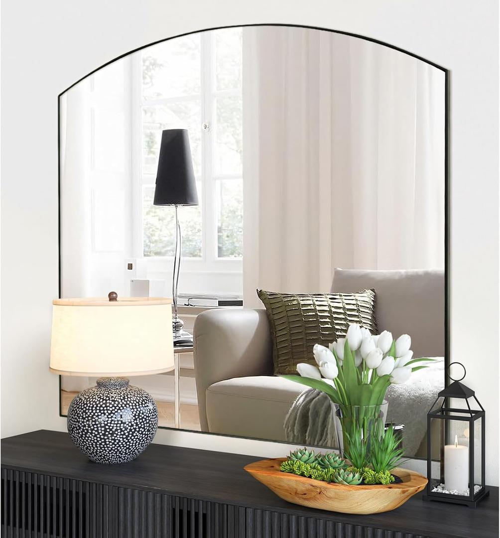 Matte Black Arched Window Mirror, 36" Metal Frame Decorative Wall Mirror, Windowpine Mirrors for Living Room, Bedroom, Entryway